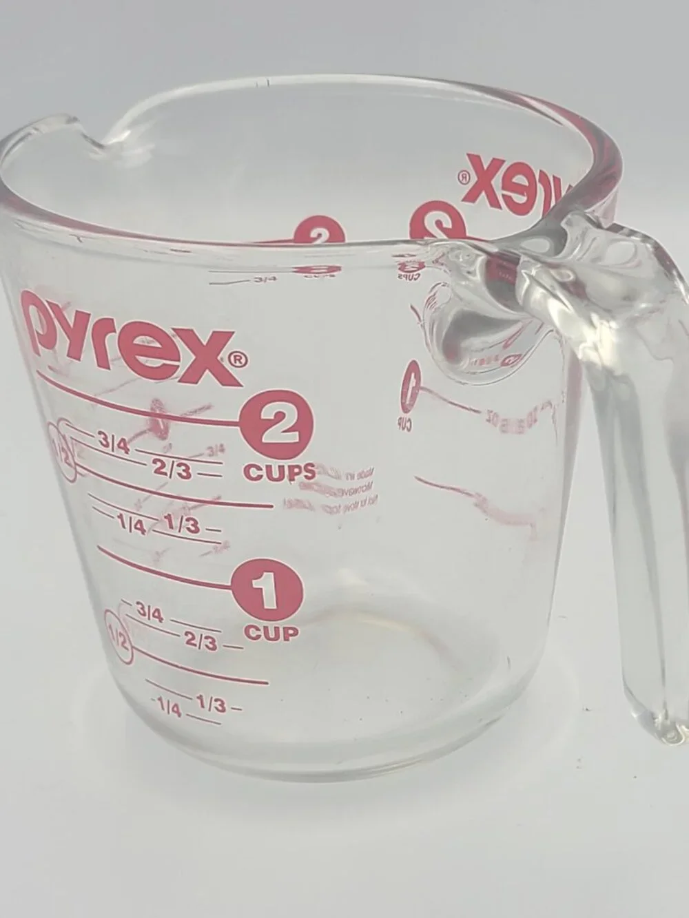 Vtg Pyrex 2 Cup Glass Measuring Cup Red Circle Numbers 16 oz USA J Hook Handle